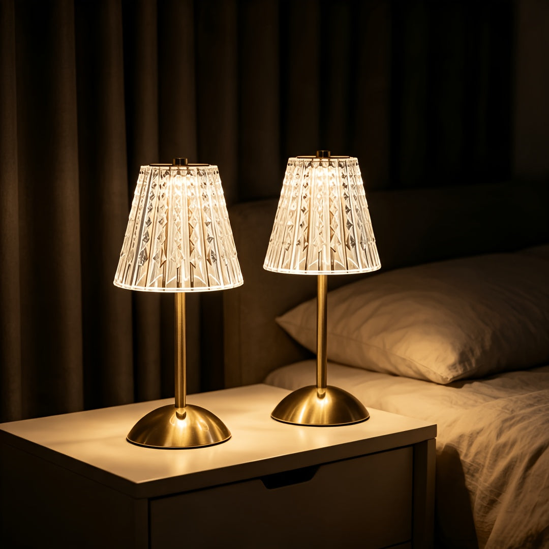 Lot de 2 lampes de table sans fil dorées, abat-jour effet cristal
