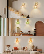 Applique murale sans fil, tulipe en verre côtelé et col doré