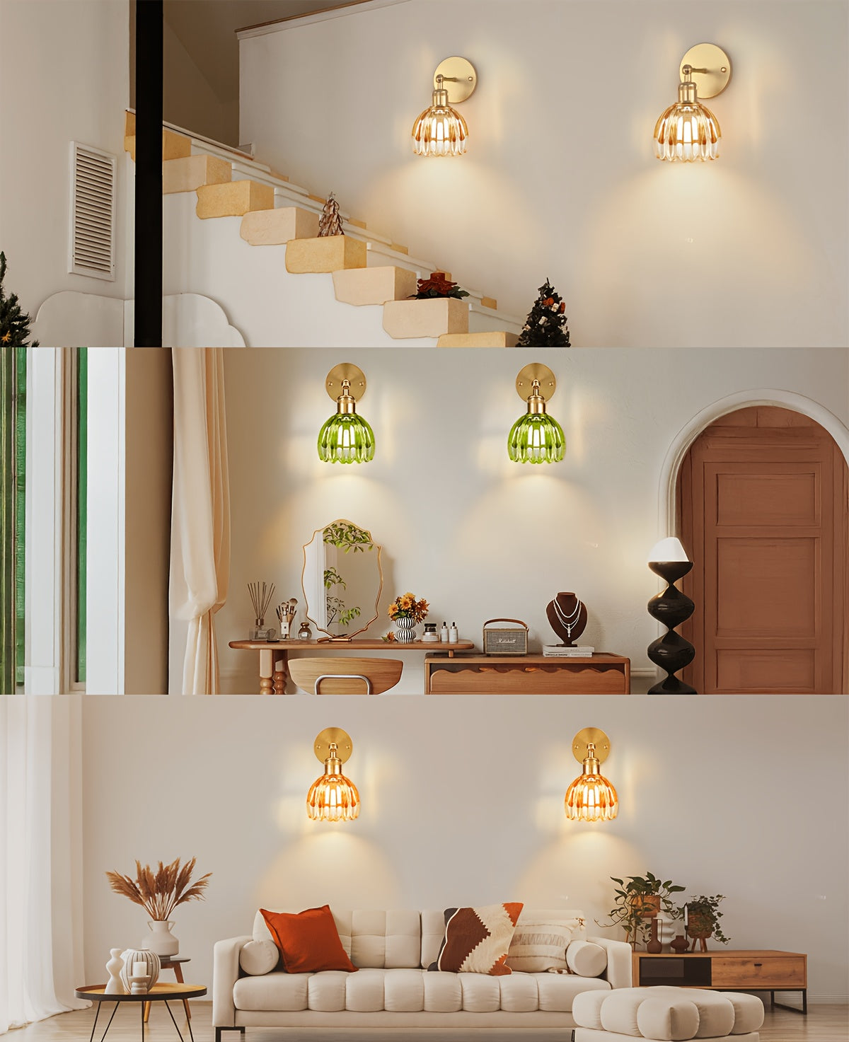 Applique murale sans fil, tulipe en verre côtelé et col doré