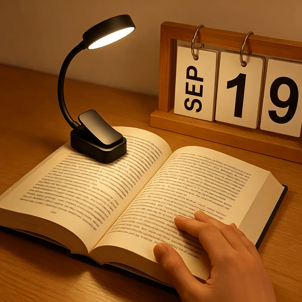 Lampe de lecture à pince noire à piles, tête ronde, col 360°