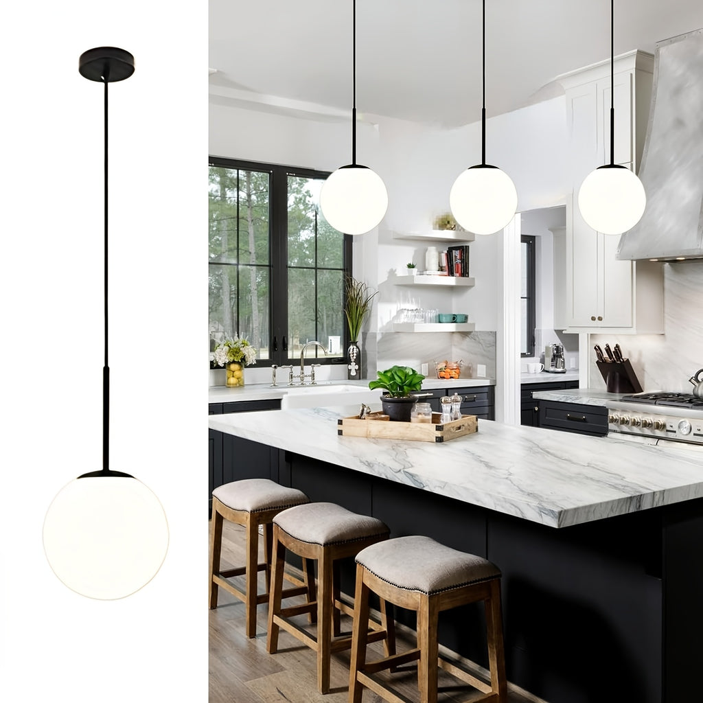 Suspension globe en verre opalin blanc, tige noire, Ø 20 cm