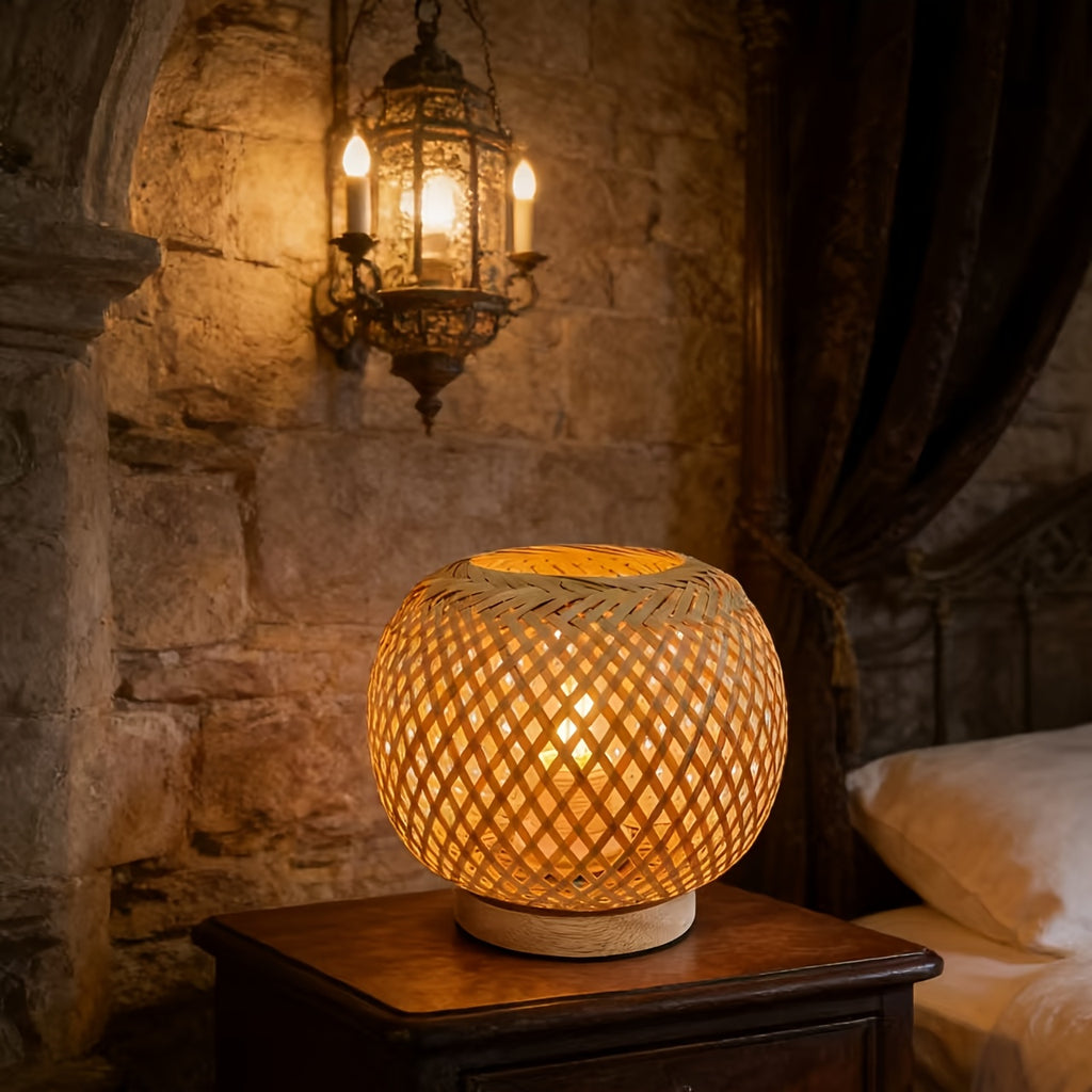 Lampe de chevet boule en bambou tressé, socle en bois, 18 cm