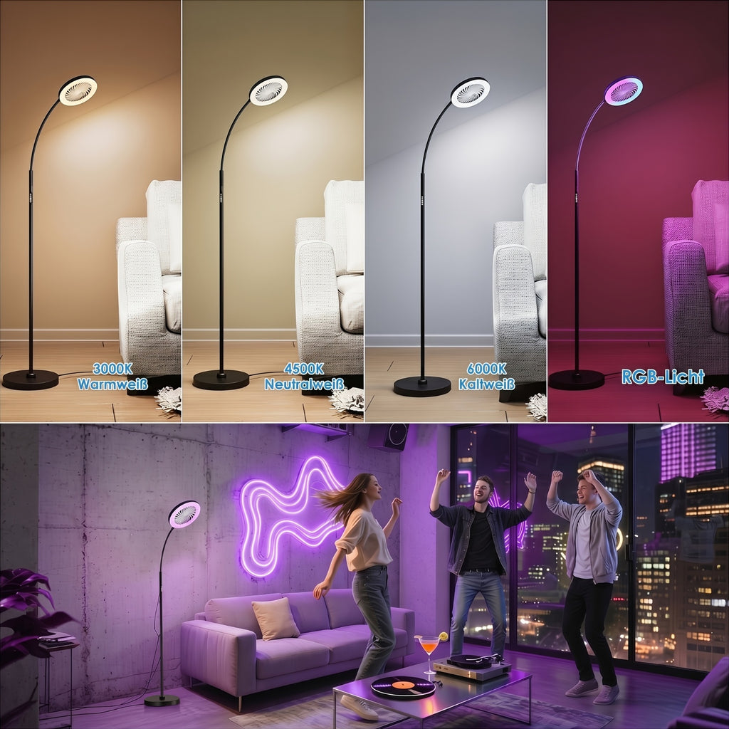 Lampadaire LED ventilateur 2 en 1 avec anneau RVB et télécommande