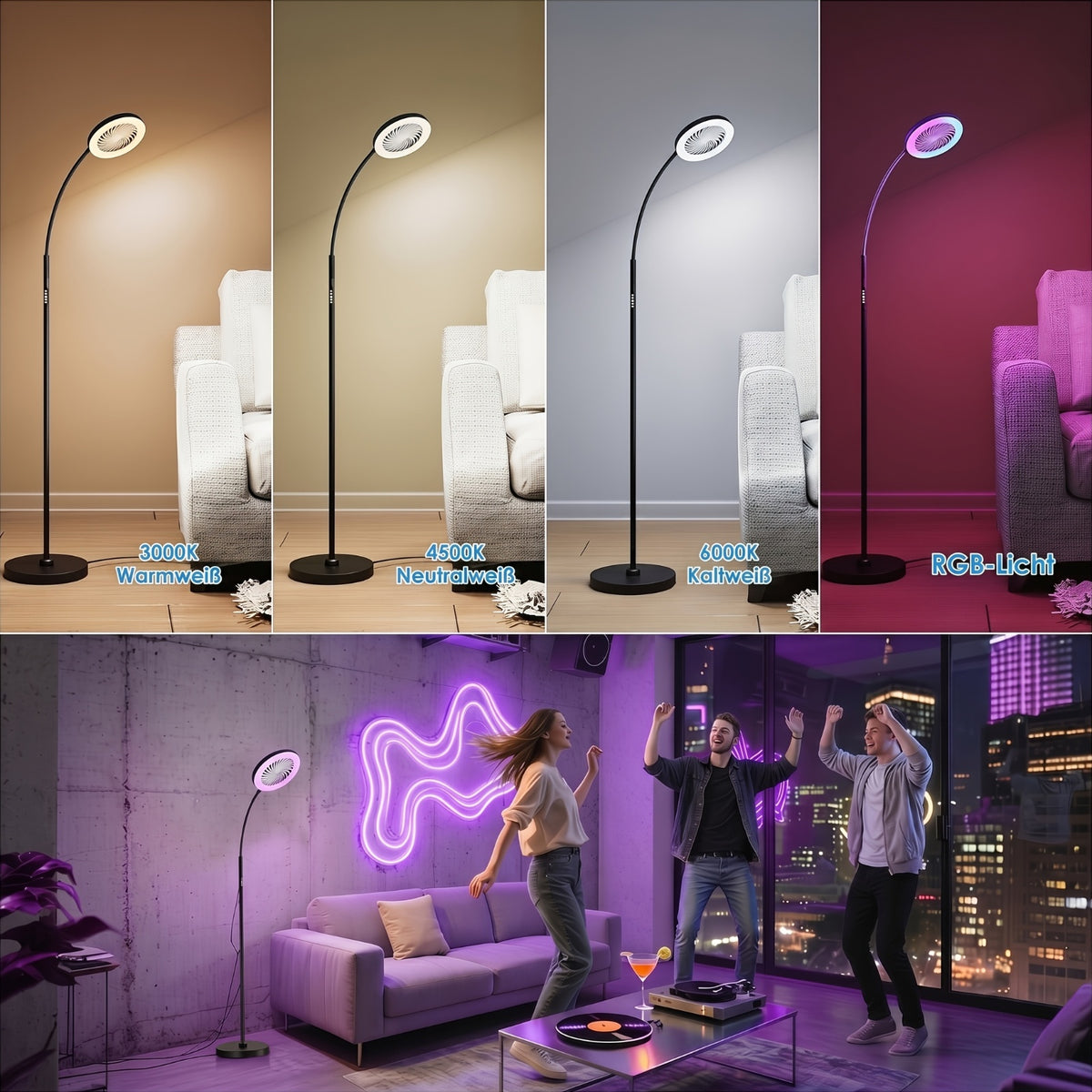 Lampadaire LED ventilateur 2 en 1 avec anneau RVB et télécommande