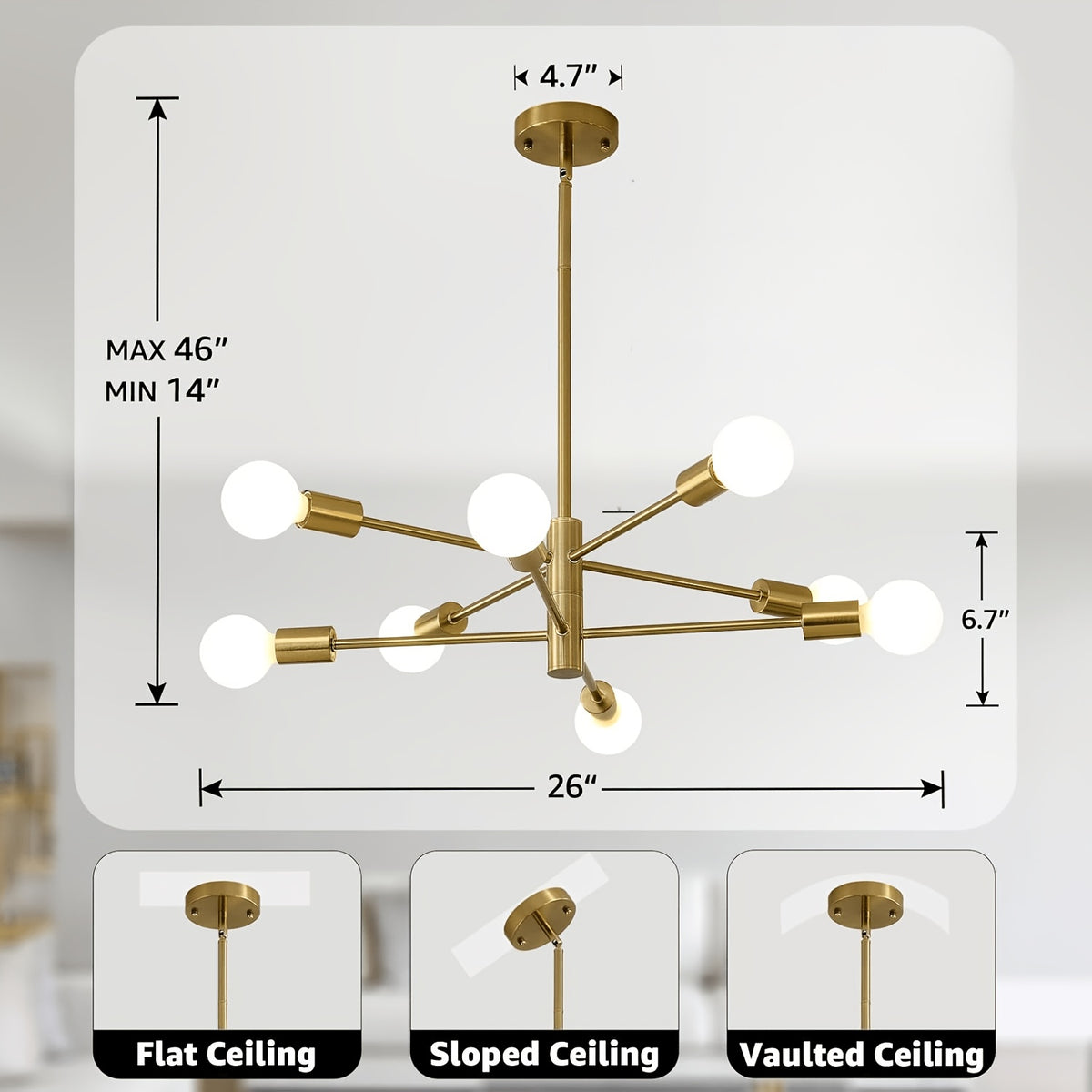 Lustre Spoutnik doré à 8 lumières E27, hauteur réglable sur tige