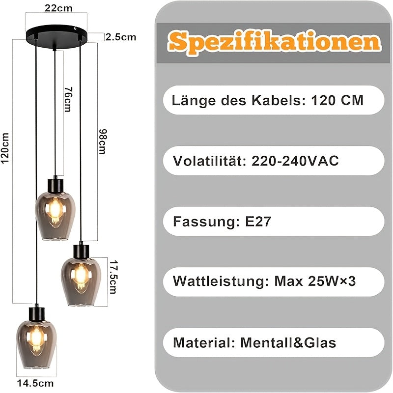 Suspension 3 lumières en verre fumé, tulipes sur barre ou rosace