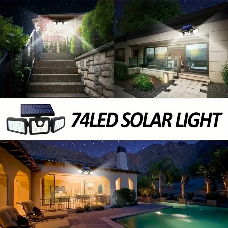 Applique solaire à trois têtes 74 LED et détecteur de mouvement