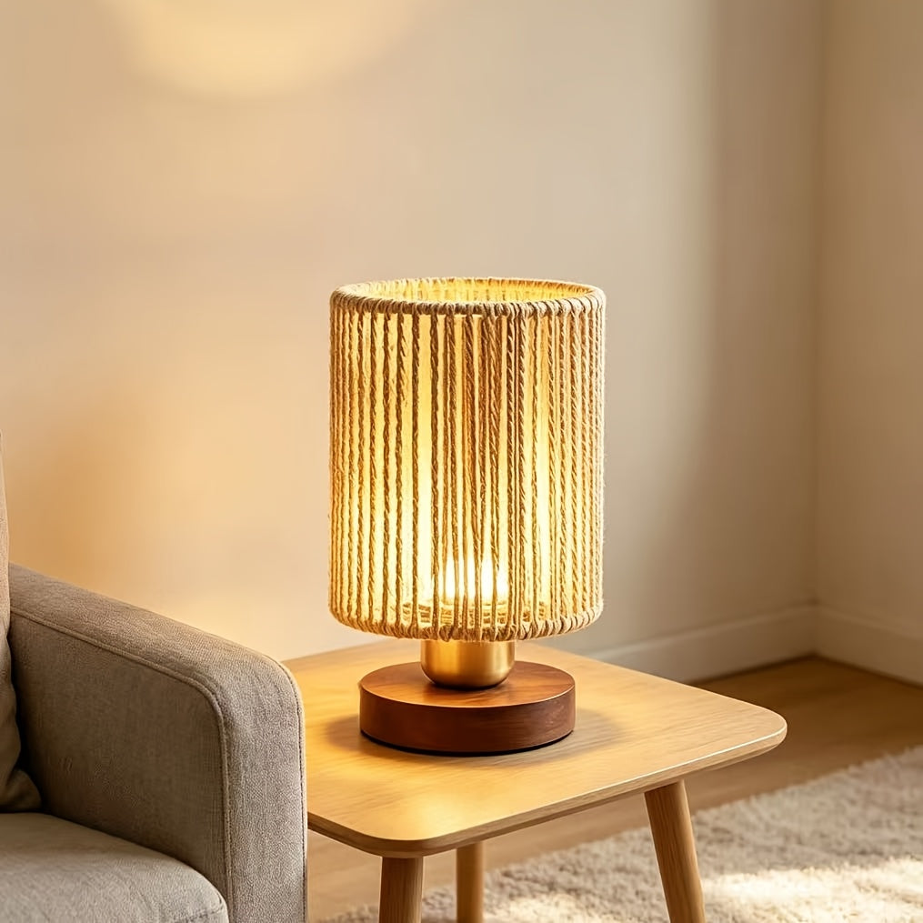 Petite lampe de chevet à cordelette tressée ajourée, socle en bois
