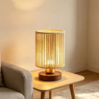 Petite lampe de chevet à cordelette tressée ajourée, socle en bois