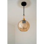 Suspension globe côtelé et perle de verre, rose, bleu, gris ou ambre