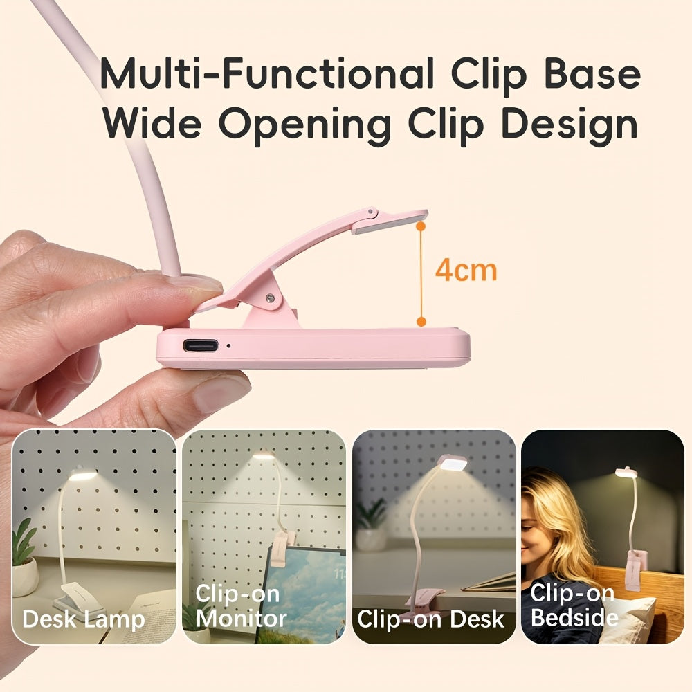 Lampe de lecture à pince rose pliable, col silicone, recharge USB