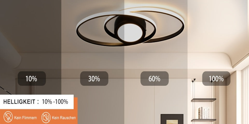 Plafonnier LED noir ovale ou carré à anneaux, avec télécommande