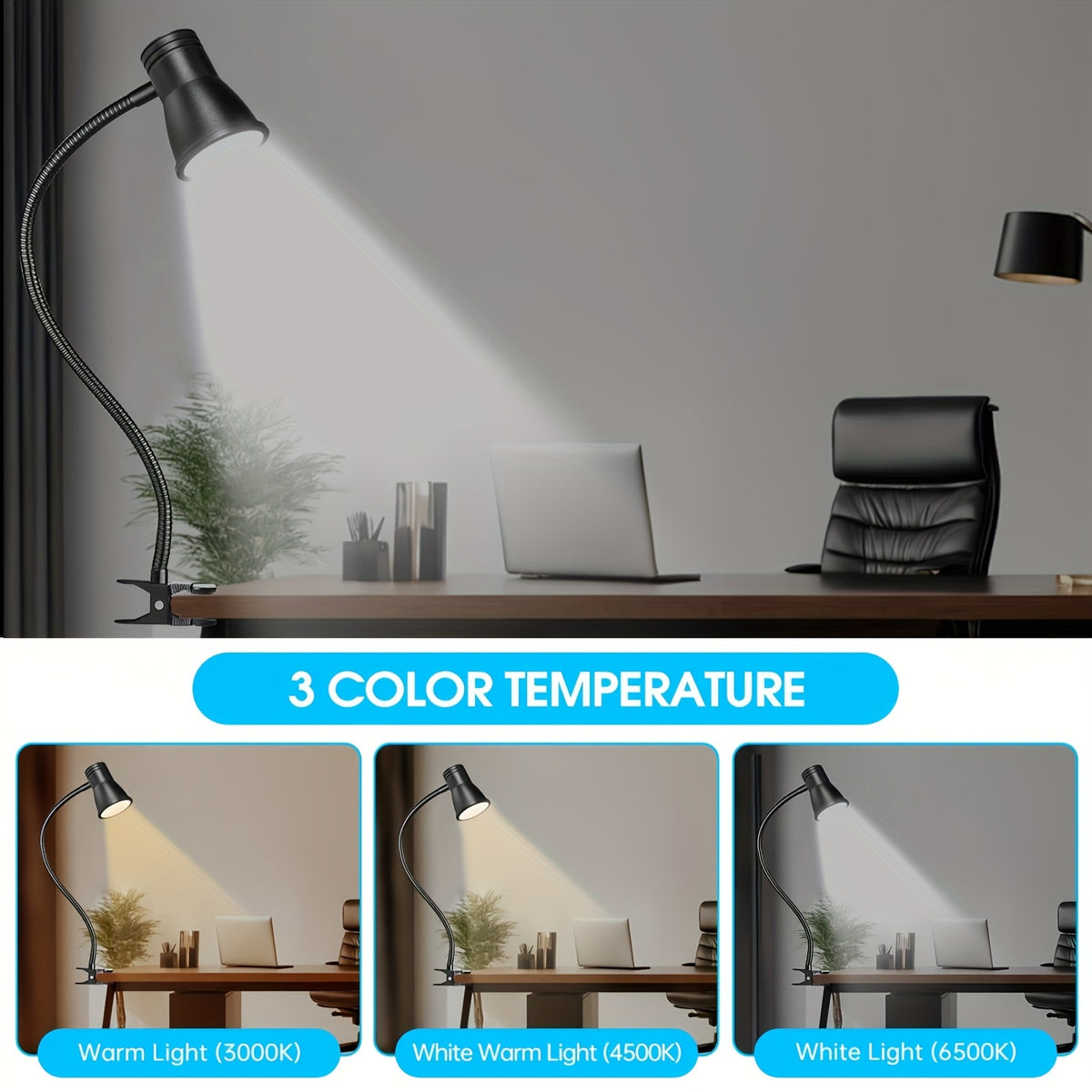 Lampe à pince noire à col de cygne de 40 cm, couture et lecture