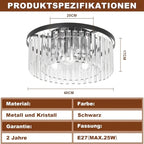 Plafonnier noir à prismes de cristal, 3 lumières E27, Ø 40 cm