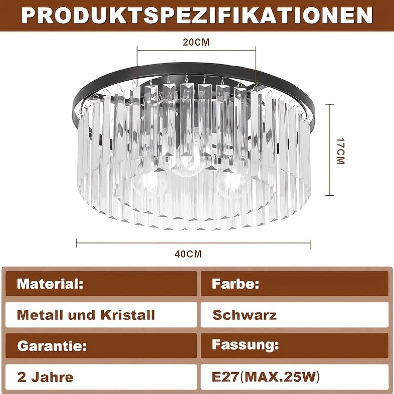 Plafonnier noir à prismes de cristal, 3 lumières E27, Ø 40 cm