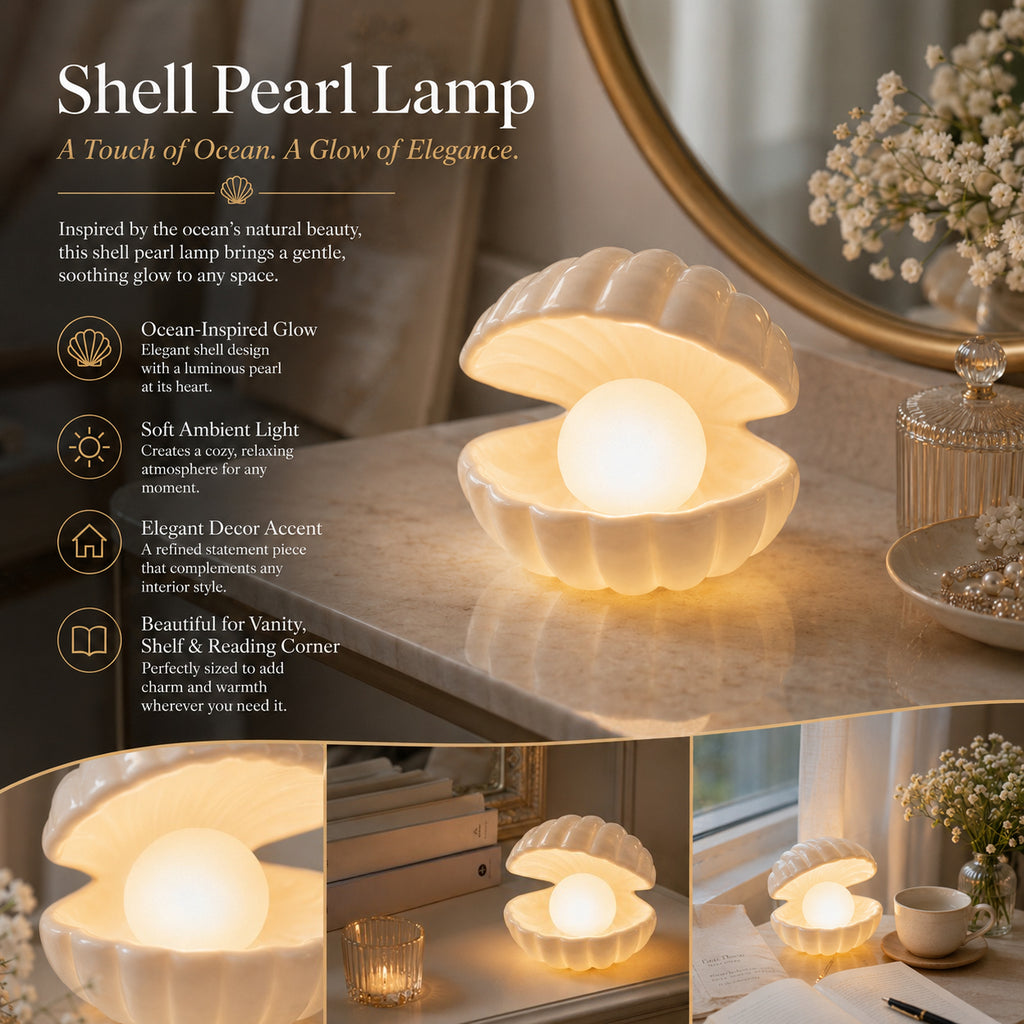 Veilleuse coquillage et perle à piles, lampe de chevet blanc chaud