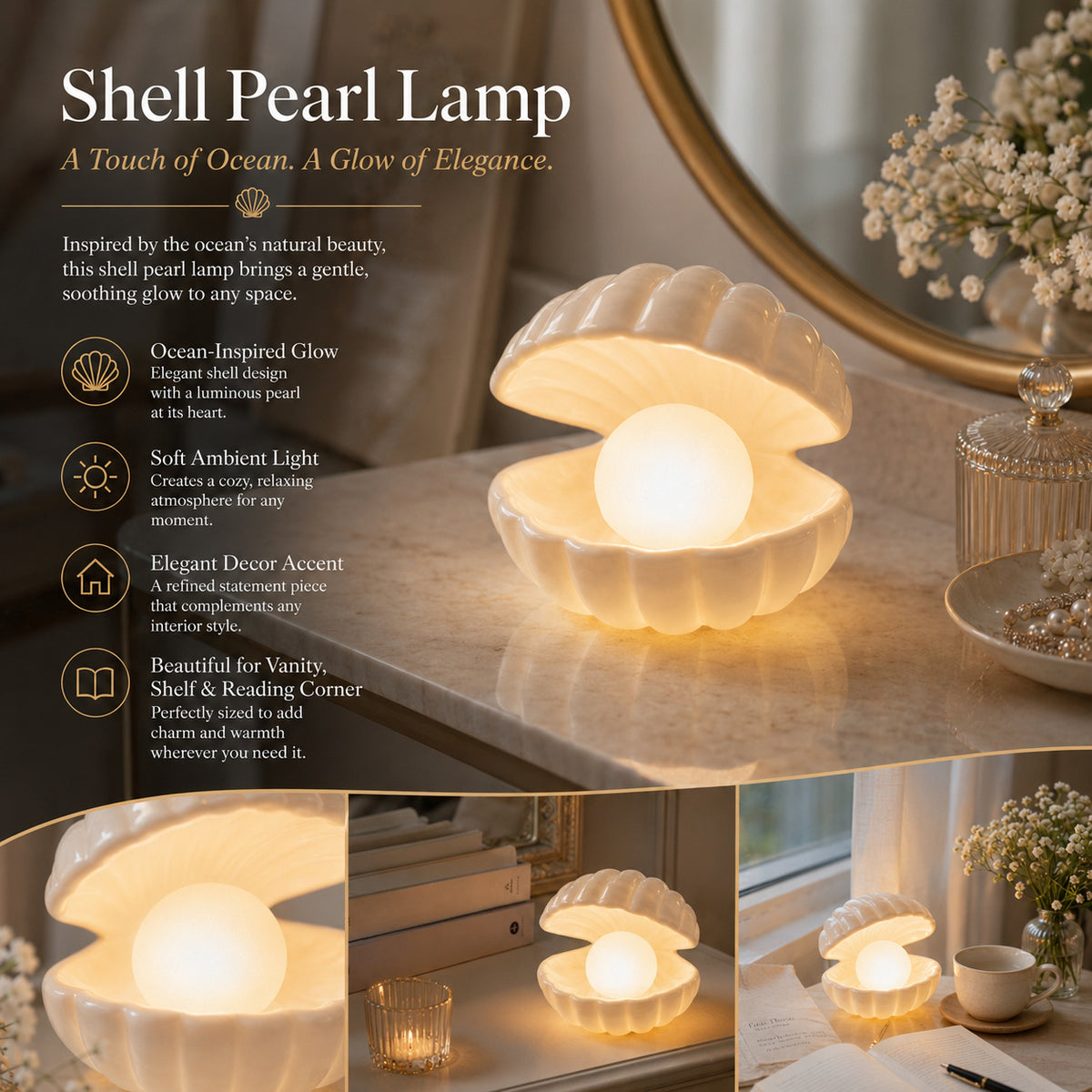 Veilleuse coquillage et perle à piles, lampe de chevet blanc chaud