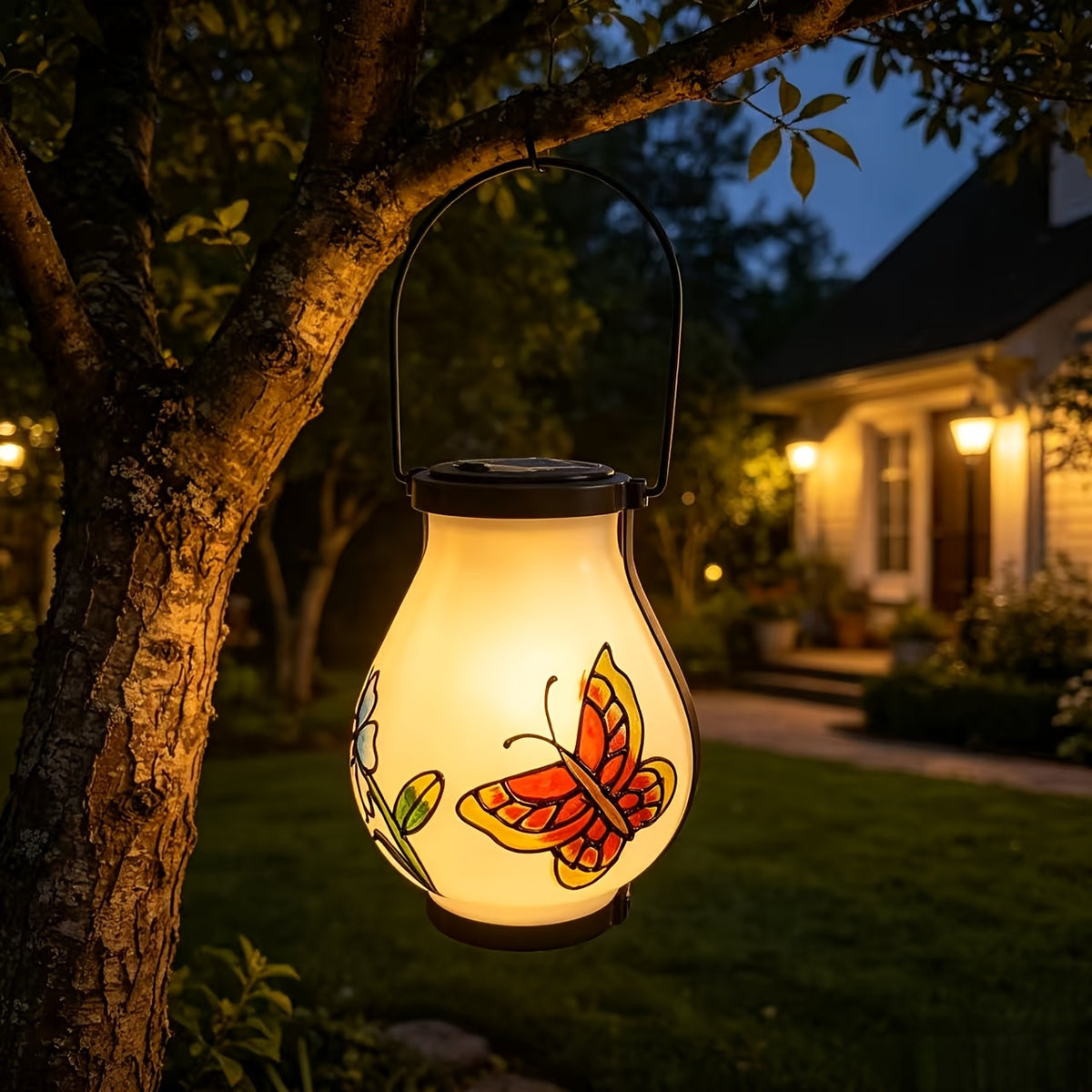 Lanterne en verre peint d'un papillon et d'une fleur