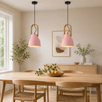 Suspension cloche vert sauge, gris ou rose, anse effet bois