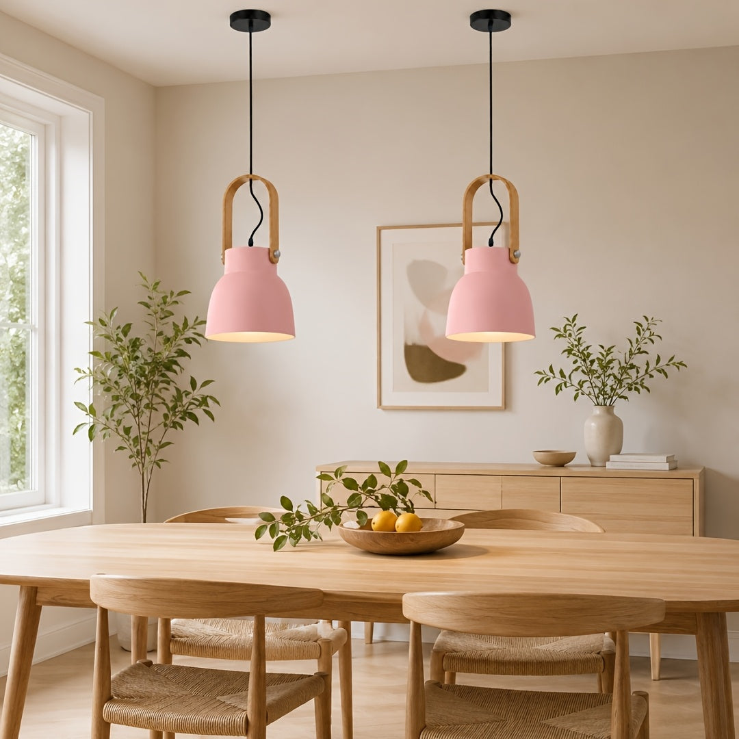 Suspension cloche vert sauge, gris ou rose, anse effet bois