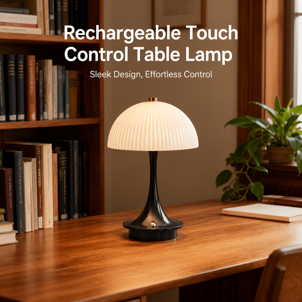 Lampe champignon sans fil à dôme nervuré, pied noir, blanc ou orange