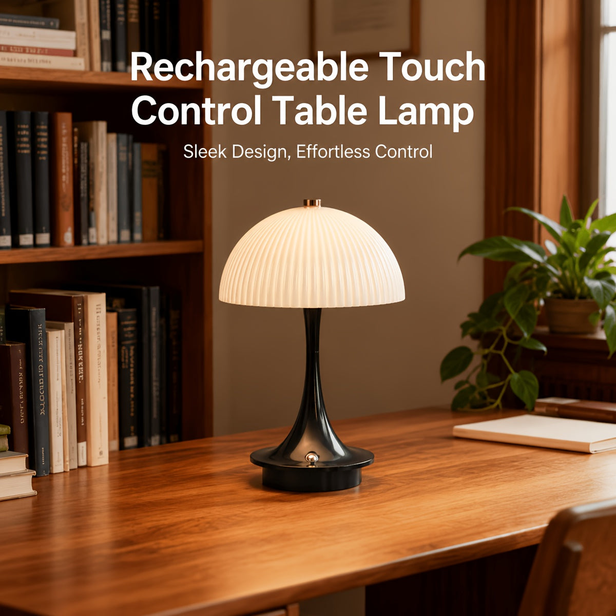 Lampe champignon sans fil à dôme nervuré, pied noir, blanc ou orange