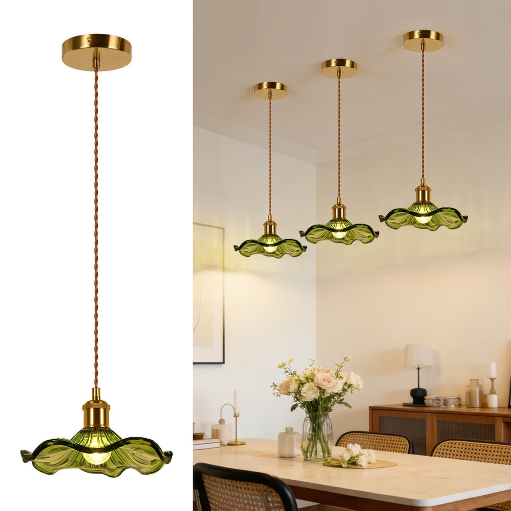 Suspension en verre vert feuille de lotus, douille dorée E27