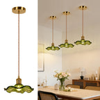 Suspension en verre vert feuille de lotus, douille dorée E27