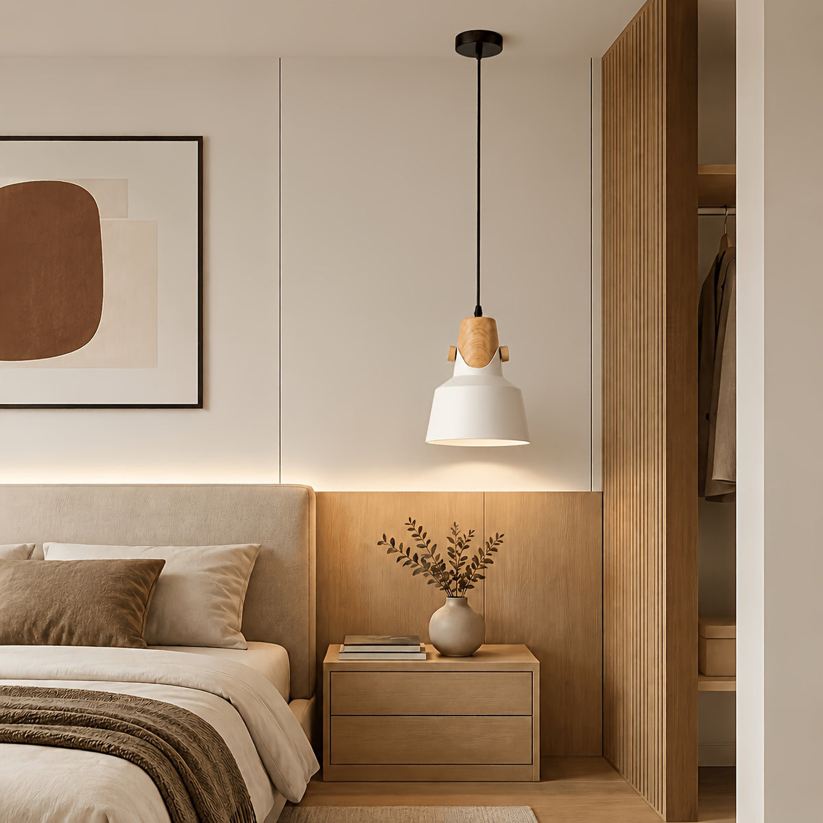 Suspension trompette, col effet bois, jaune, rose, noir ou blanc