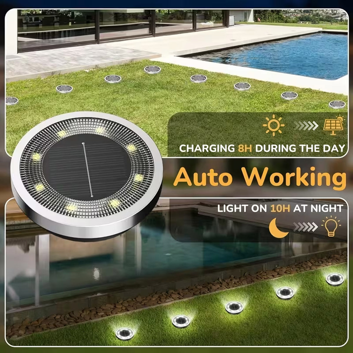 Spot solaire encastré au sol à cerclage argenté, IP44, lot de 7