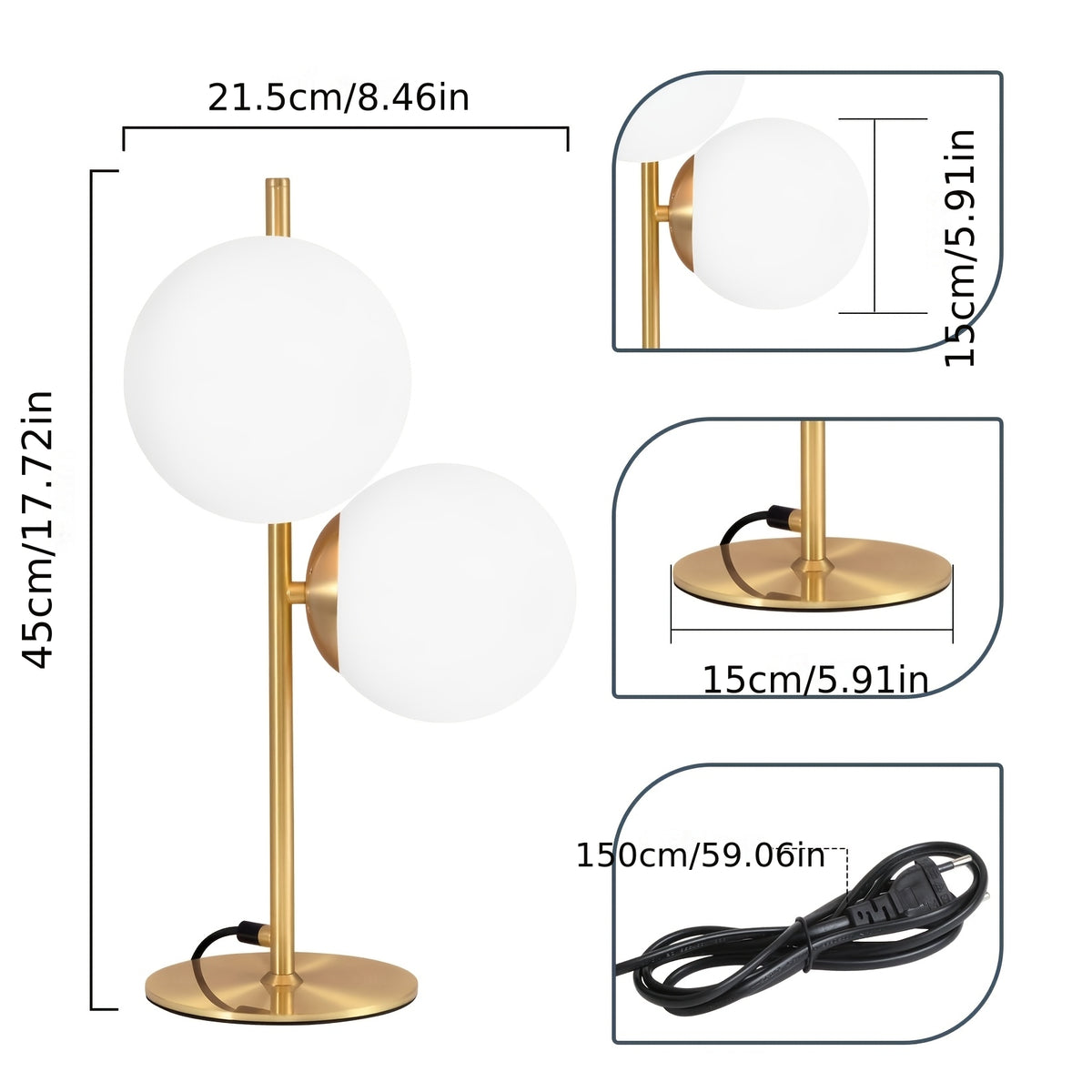 Lampe de chevet à deux globes en verre opalin, pied doré ou noir