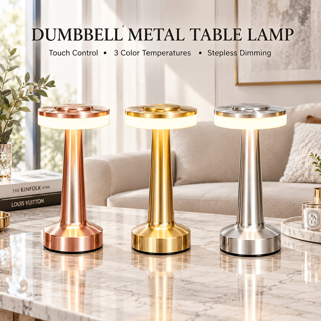 Lampe de table sans fil en métal brossé, tête plate tactile Ø 12 cm