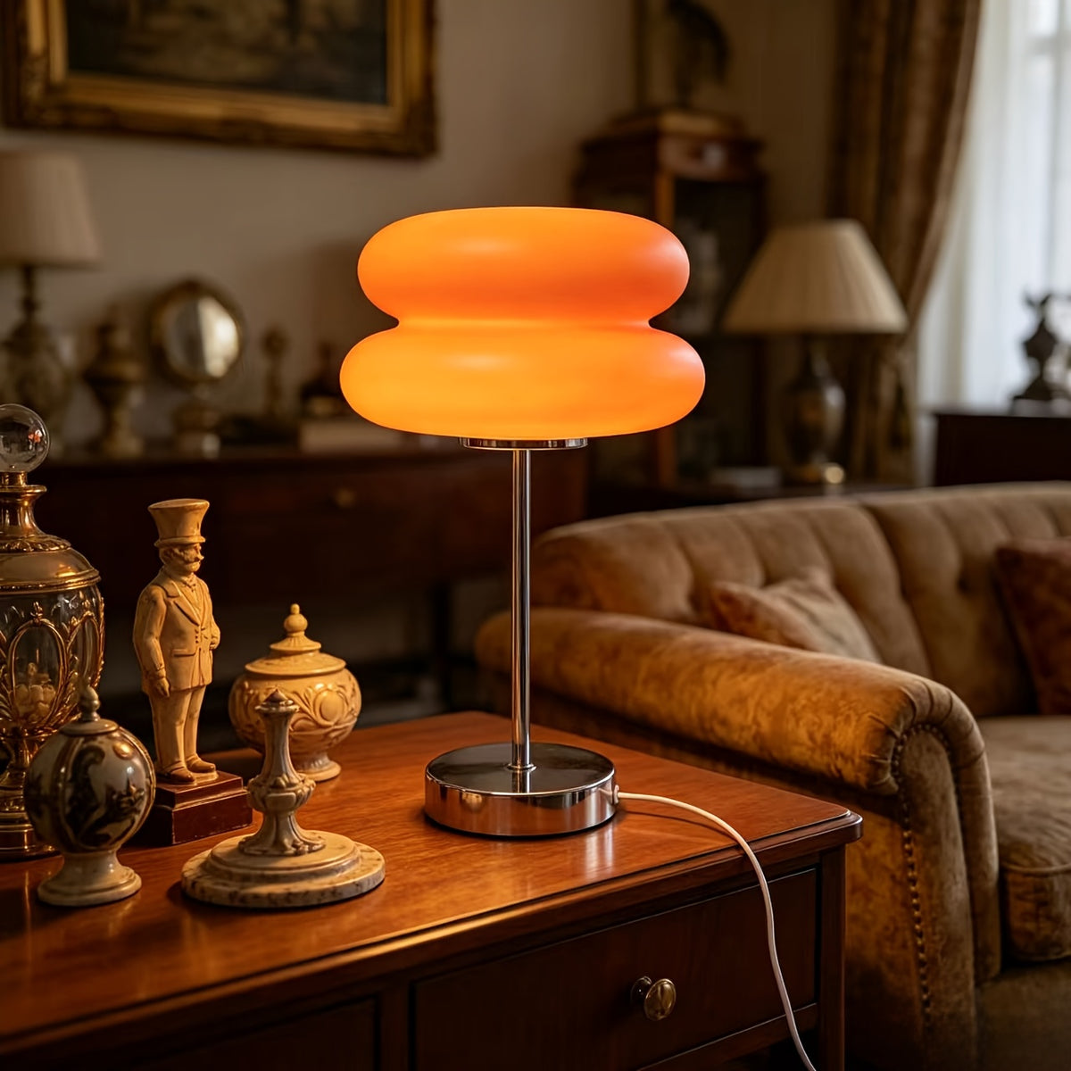 Lampe champignon orange à double bulle sur tige chromée, 36 cm