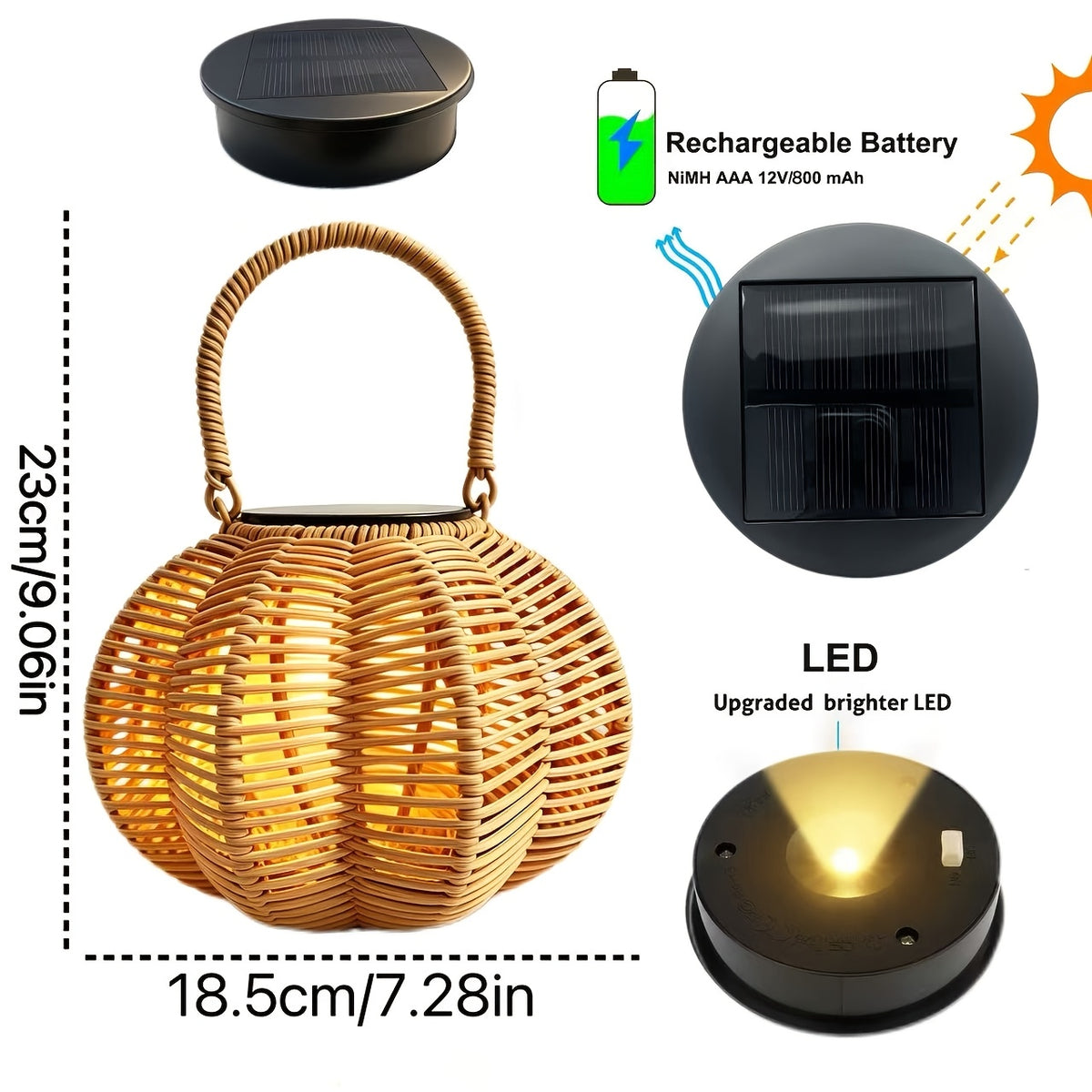 Lanterne solaire citrouille tressée effet rotin, blanc chaud ou froid