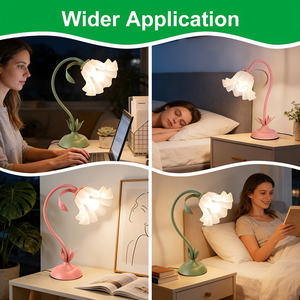 Lampe fleur à col flexible, corolle acrylique, vert ou rose, USB