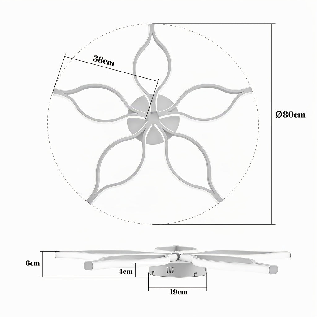 Plafonnier LED fleur à cinq branches courbes, Ø 80 cm, noir ou blanc