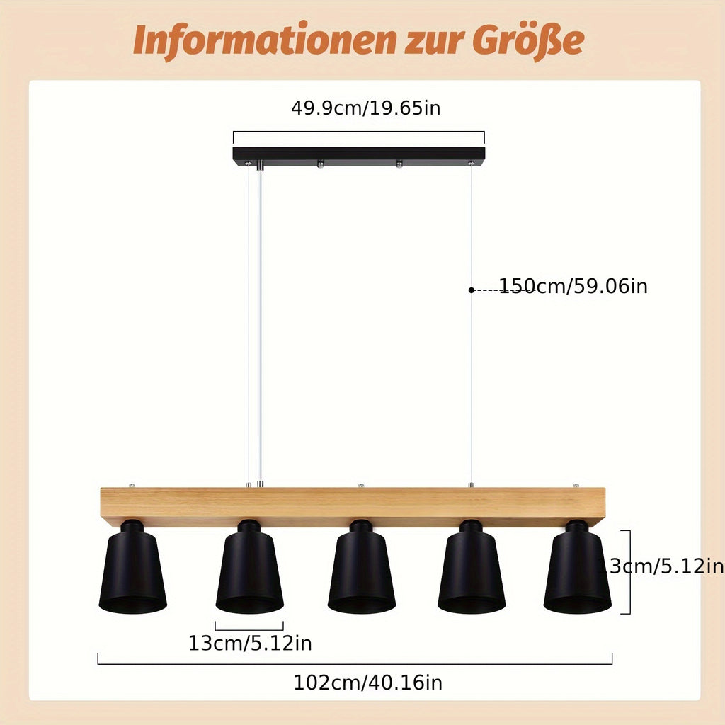 Suspension sur poutre en bois clair, 3 ou 5 abat-jour noirs ou blancs