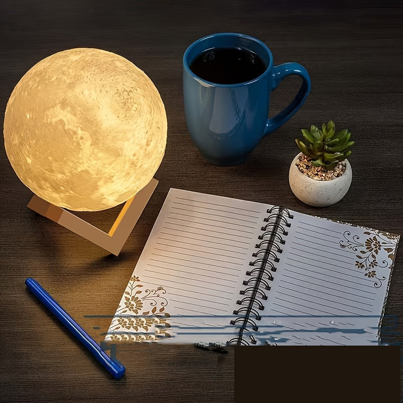 Lampe lune 3D de 10 cm sur support en bois, veilleuse à piles