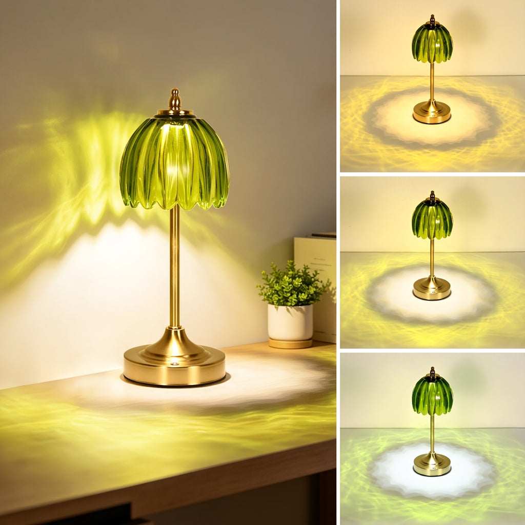 Lampe de chevet sans fil en verre nervuré vert ou orange, pied doré