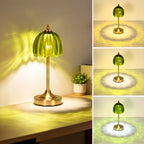 Lampe de chevet sans fil en verre nervuré vert ou orange, pied doré