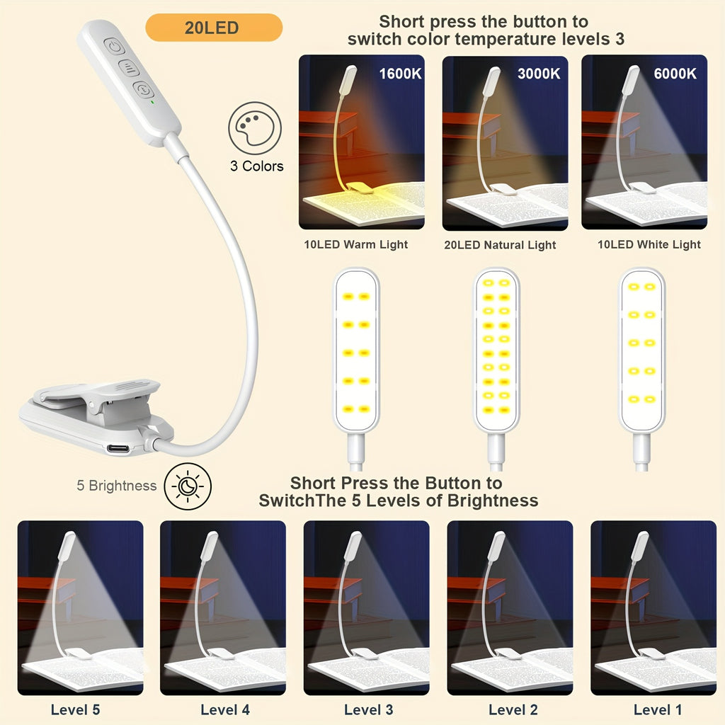 Lampe de lecture à pince avec arrêt programmé 30 ou 60 min, USB-C