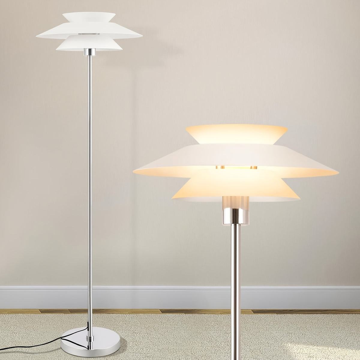 Lampadaire à double coupole noire et tige chromée, 145 cm