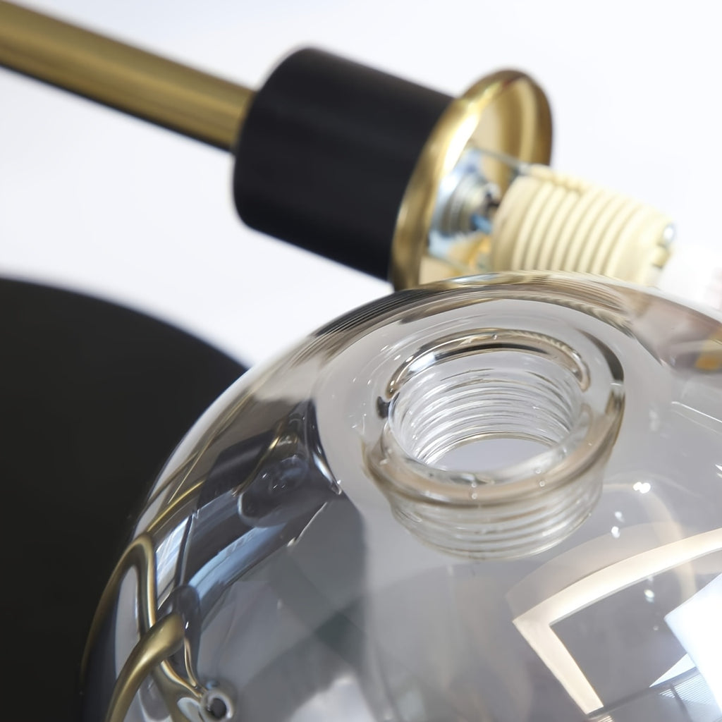 Plafonnier 5 globes en verre fumé ou ambré, monture noir et doré