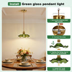Suspension en verre vert feuille de lotus, douille dorée E27