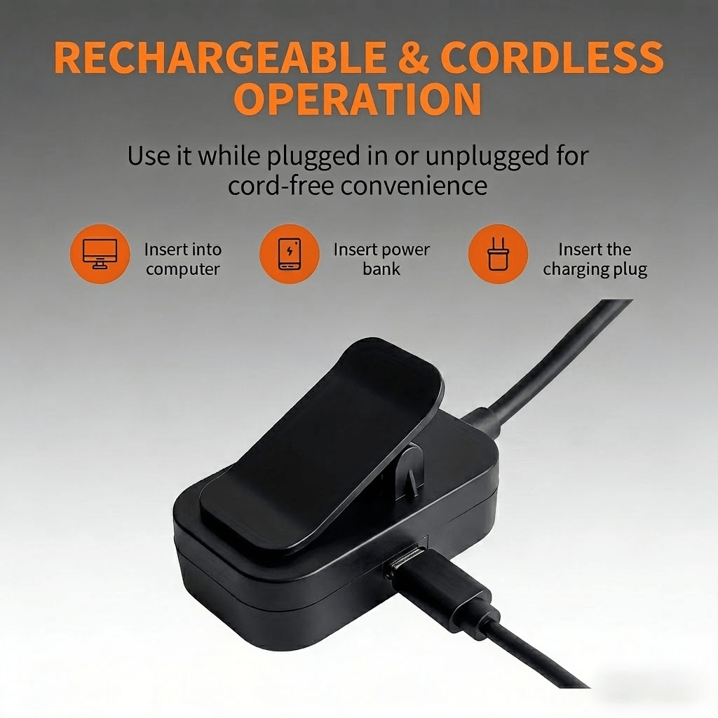 Lampe de lecture à pince noire rechargeable, utilisable branchée
