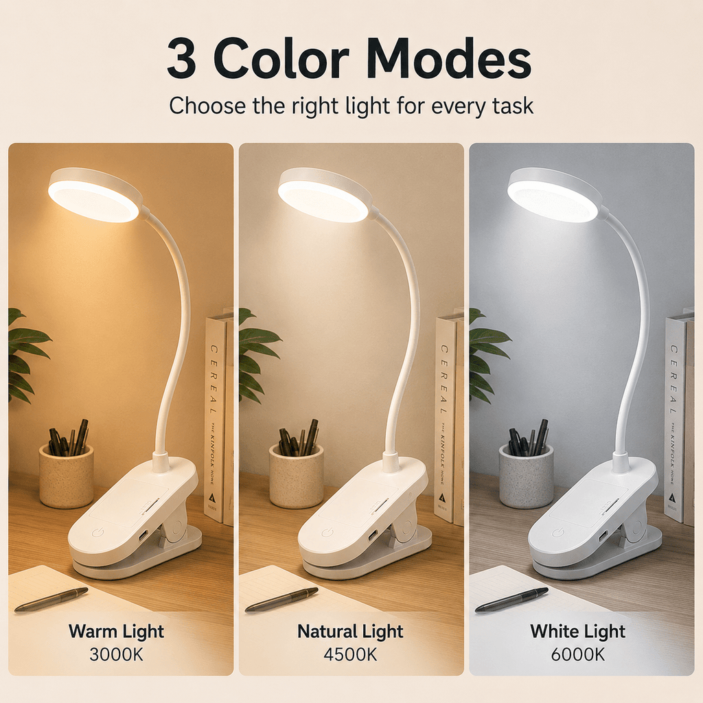 Lampe à pince à piles ou USB, tête ronde blanche de 8 cm