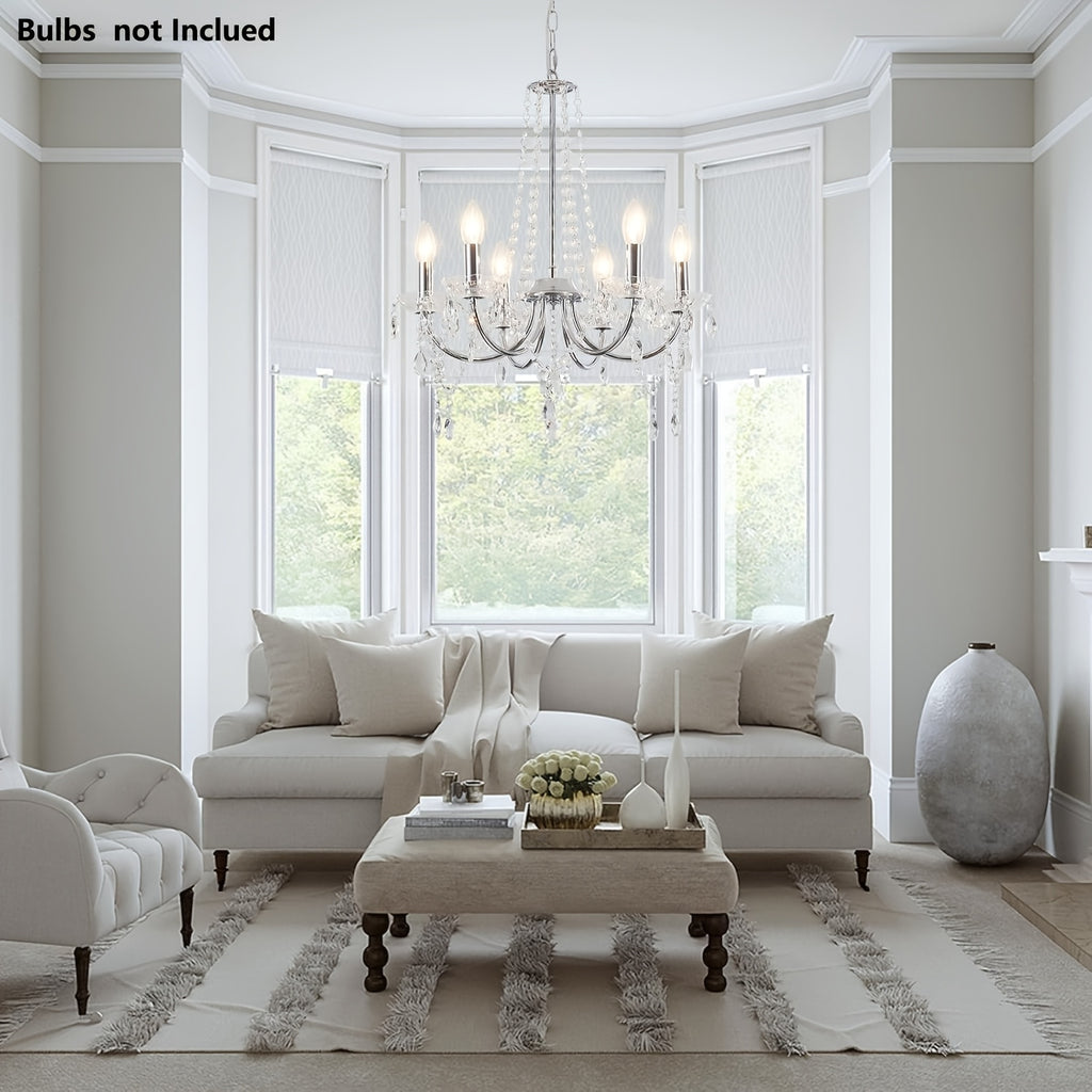 Lustre chromé à 6 bras et pampilles de cristal, douilles E14