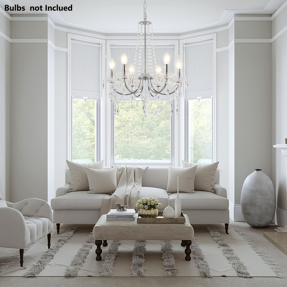 Lustre chromé à 6 bras et pampilles de cristal, douilles E14