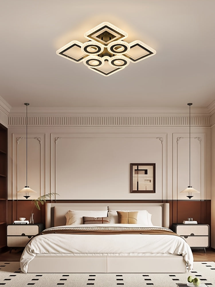 Plafonnier LED géométrique 75 cm, anneaux et carrés, trois teintes