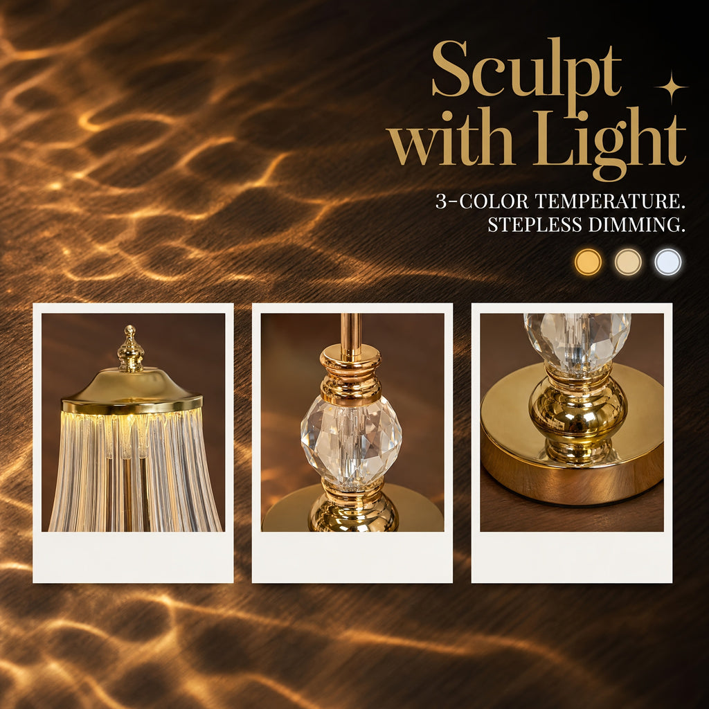Lampe de chevet sans fil dorée, abat-jour strié et boule à facettes